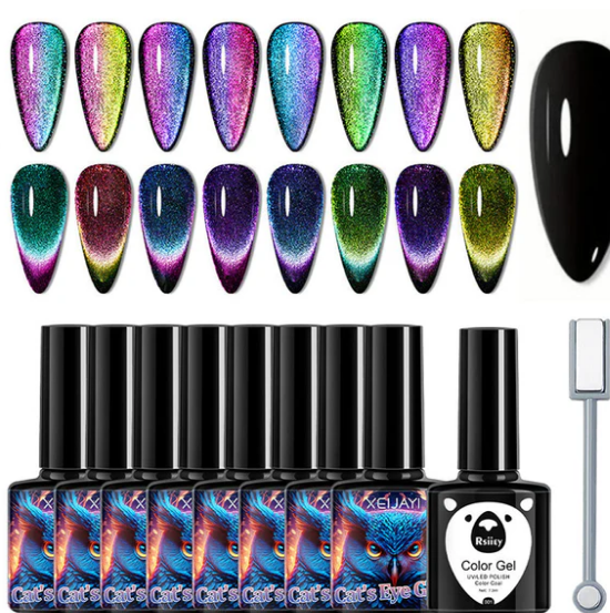 Glitter Rainbow Cat Eye Gel Nail Polish